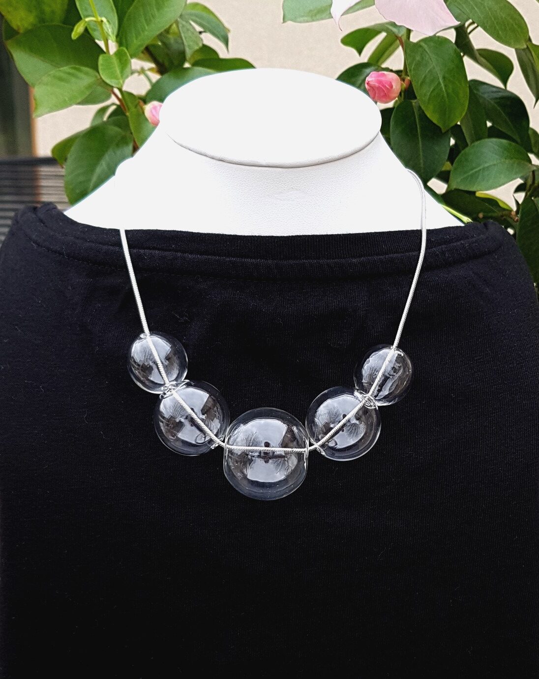 Clear glass bubbles on silver snake chain necklace, bracelet and earrings set - Image 2