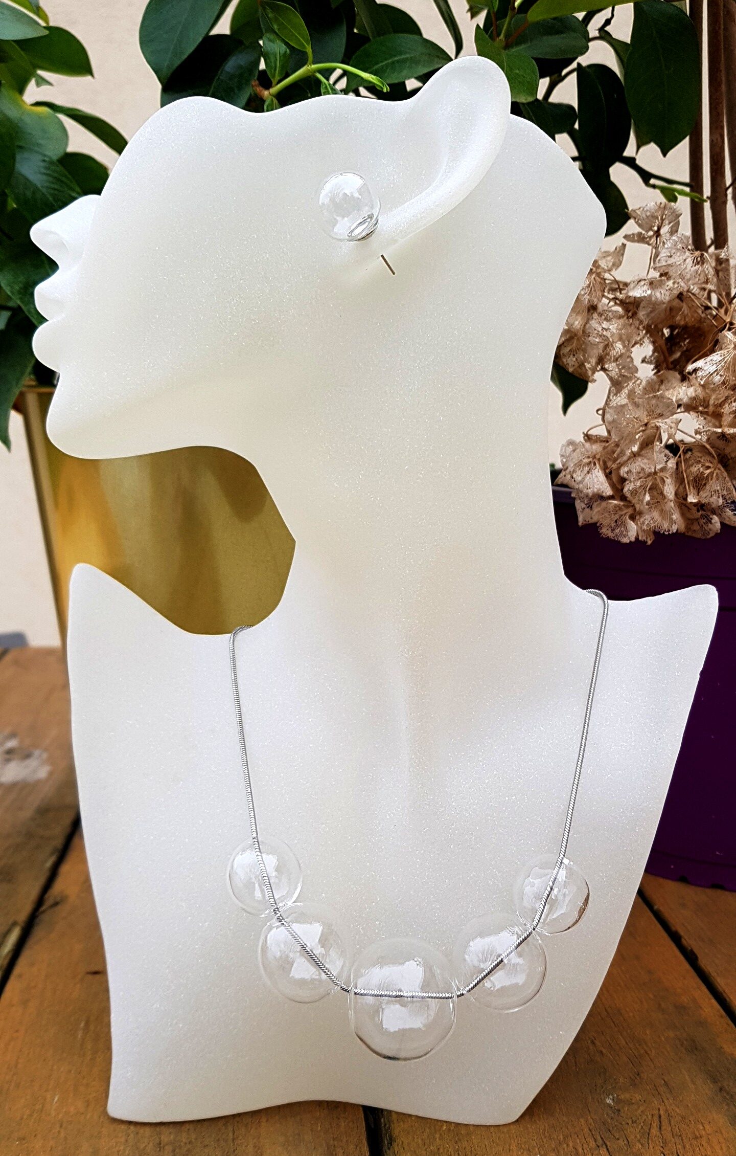 Clear glass bubbles on silver snake chain necklace, bracelet and earrings set - Image 3