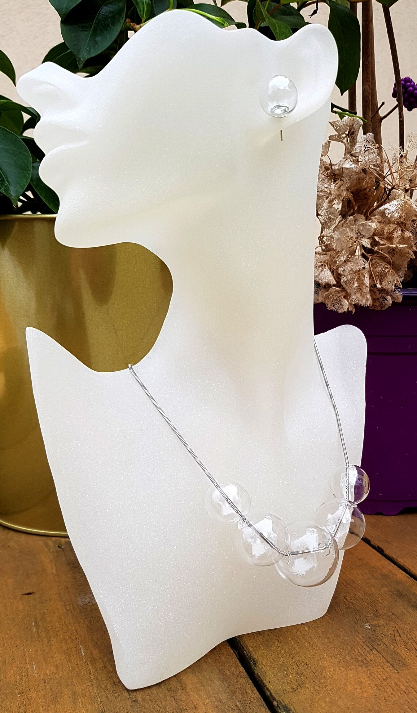 Clear glass bubbles on silver snake chain necklace, bracelet and earrings set - Image 4