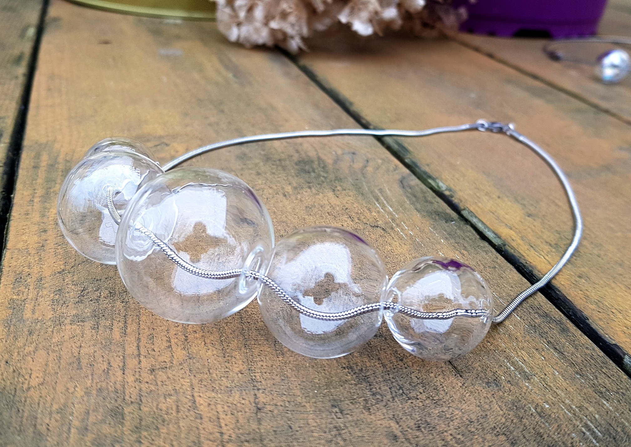 Clear glass bubbles on silver snake chain necklace, bracelet and earrings set - Image 5
