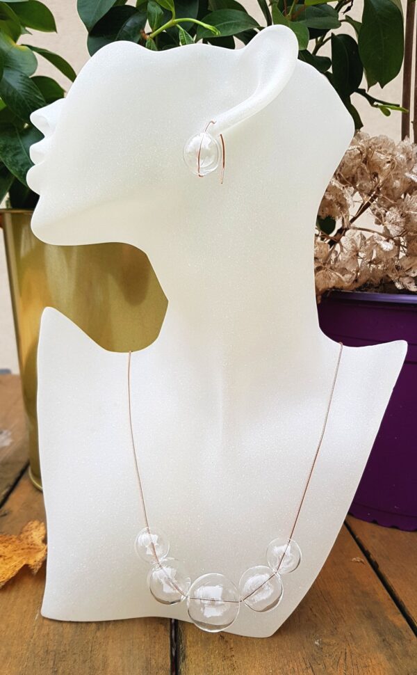 Clear glass bubbles on rosé gold snake chain necklace and earrings set - Image 3