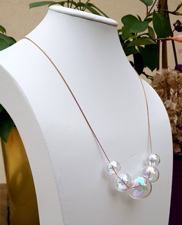 Rainbow glass bubbles on rosé gold snake chain necklace and earrings set