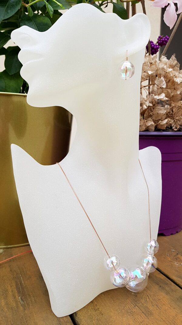 Rainbow glass bubbles on rosé gold snake chain necklace and earrings set - Image 6