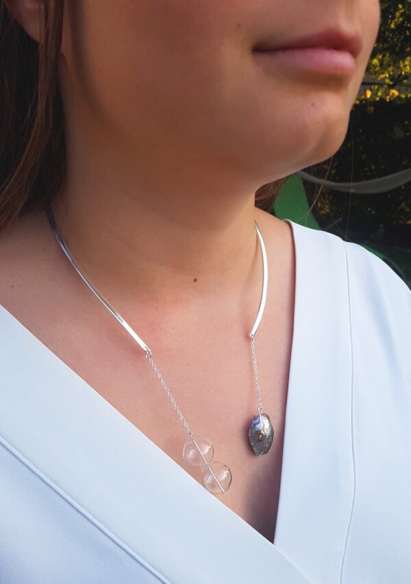 Clear glass bubble and abalone shell open choker and earrings set - Image 2