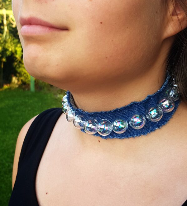 Denim choker with rainbow glass bubbles and earrings set - Image 2