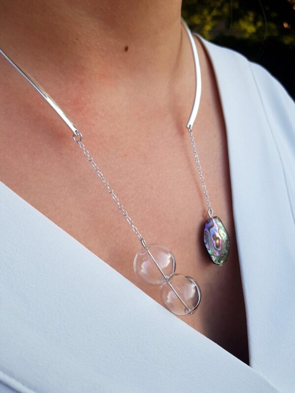Clear glass bubble and abalone shell open choker and earrings set