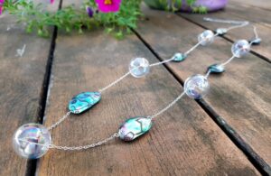 Rainbow glass bubble and abalone shell necklace and earrings set
