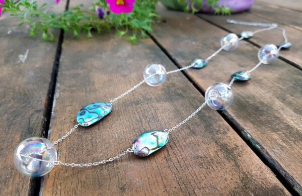 Rainbow glass bubble and abalone shell necklace and earrings set