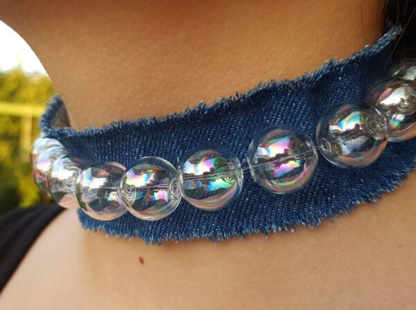 Denim choker with rainbow glass bubbles and earrings set