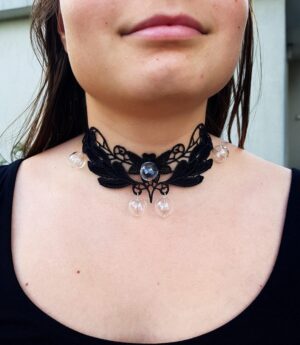 Black lace choker with clear glass bubbles and earrings set